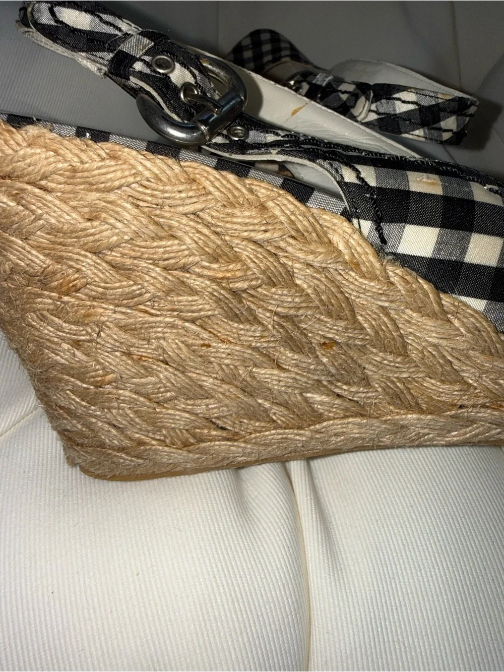 Stuart Weitzman Black & White Gingham Espadrille Wedge Slingbacks - Picture 6 of 7
